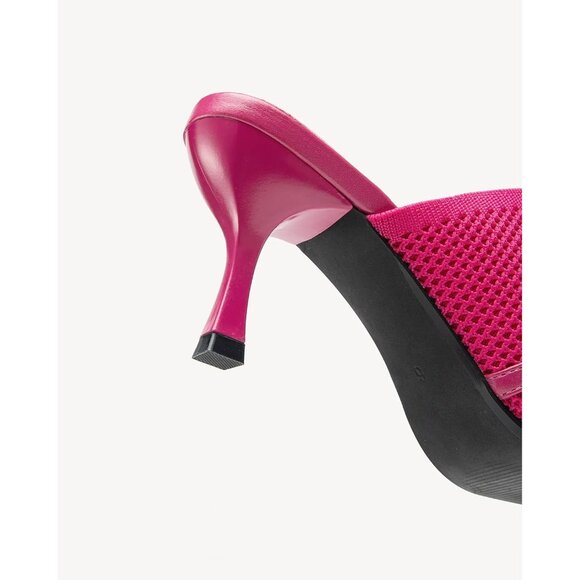 Women's Hot Pink Mesh Square Open Toe Commute Slip On Stiletto Heeled Slides - Picture 4 of 5